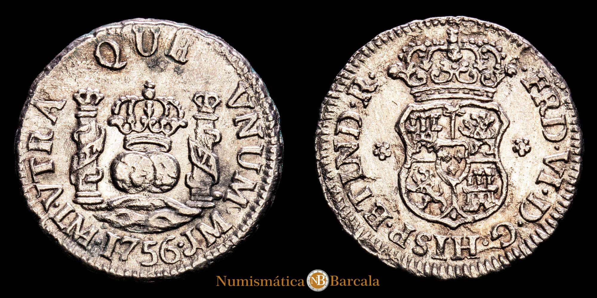 Lima Vi Fernando VI. 1/2 Real. (1,61 g.). Lima. 1756. Ensayador J·M. Aureo y ...