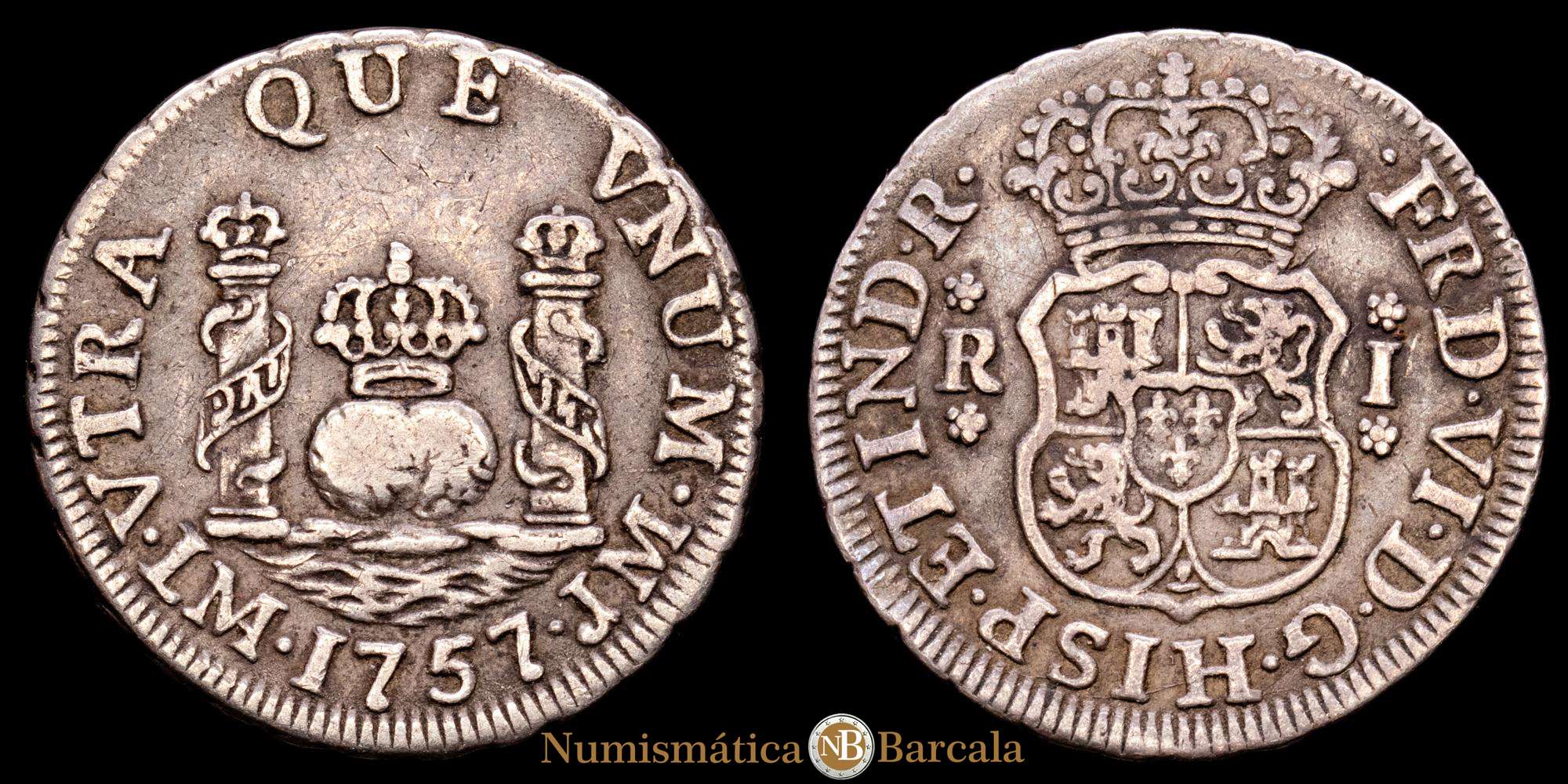Lima Vi FERNANDO VI (1746-1759). 1757 JM. Lima. 1 real. Columnario. (CA 160). 3 ...
