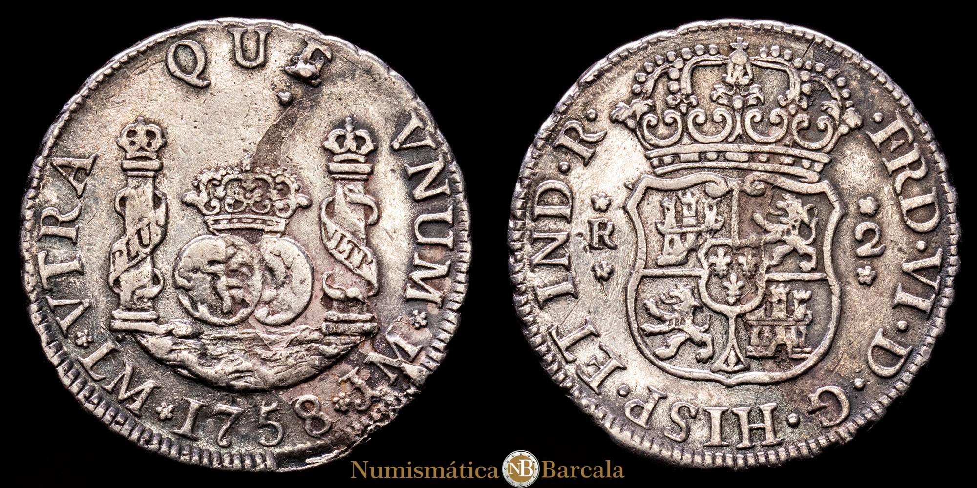 Lima Vi Fernando VI. 2 Reales. (6,55 g.). Lima. 1758. J·M. AC-276. MBC+. Escasa ...