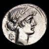 Pomponia. Denario (3,50 g.). Roma, 64 a.C. Cabeza laureada de Musa con estrella radiante detrás. EBC+
