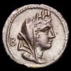 FABIA. C. Fabius C.f. Hadrianus. Denario (3,74 g.). Roma, 104 a.C. Anv.: Cabeza de Cibeles a derecha, detrás letra griega beta (B). Rev.: Victoria en biga a derecha, debajo cigüeña. En exergo: C. FABI. C.F. Cal-574; FFC-702; Se-15. MBC+.