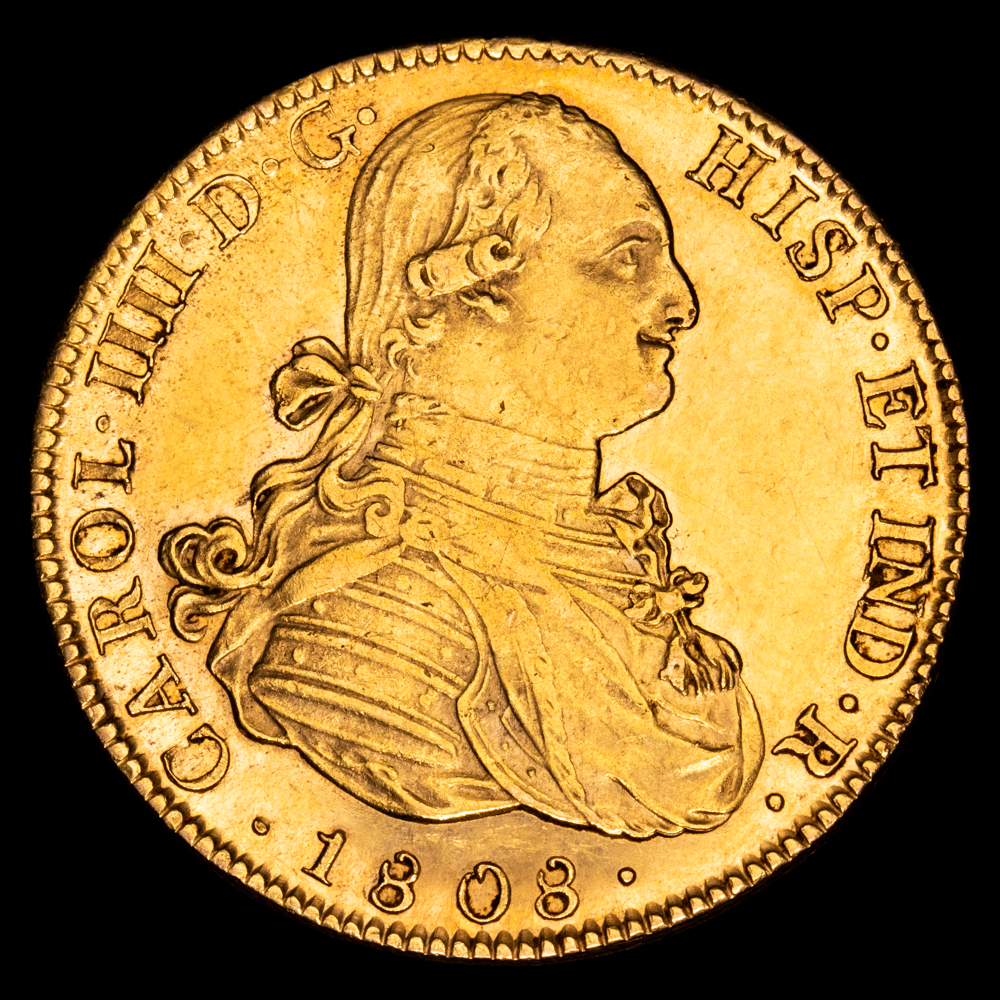 Carlos IV. 8 Escudos. (27,05 g.). México. 1808. Ensayador T·H. AC-1656. XF+. Brillo original. Precioso color.