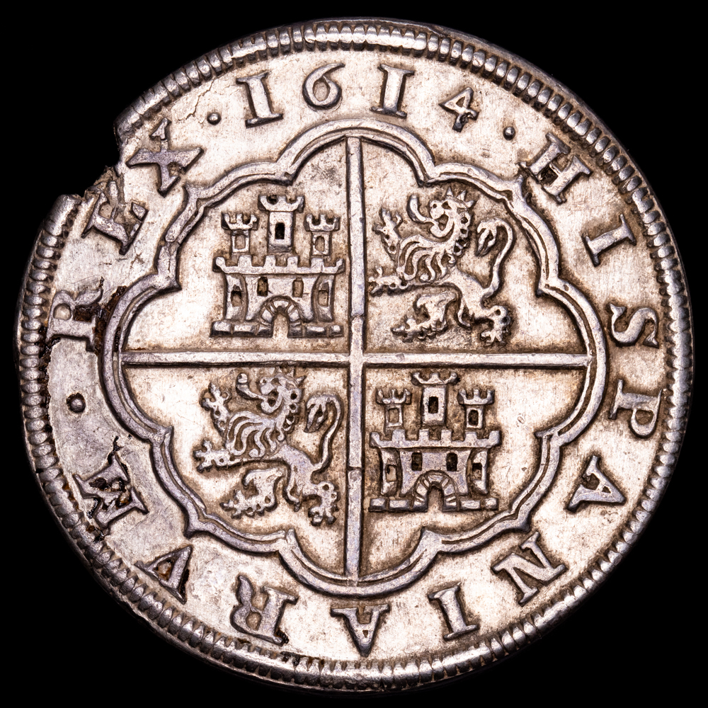 Felipe III. 8 Reales. (26,68 g.). Segovia. 1614. Ensayador A·R. AC-946. EBC-. Falta de metal. Muy rara.