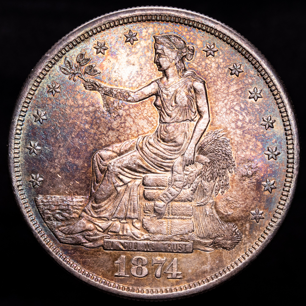 Estados Unidos. Dólar. (27,1 g.). C.C.. 1874. KM-108. EBC. Excelente condición. Pátina iridiscente.