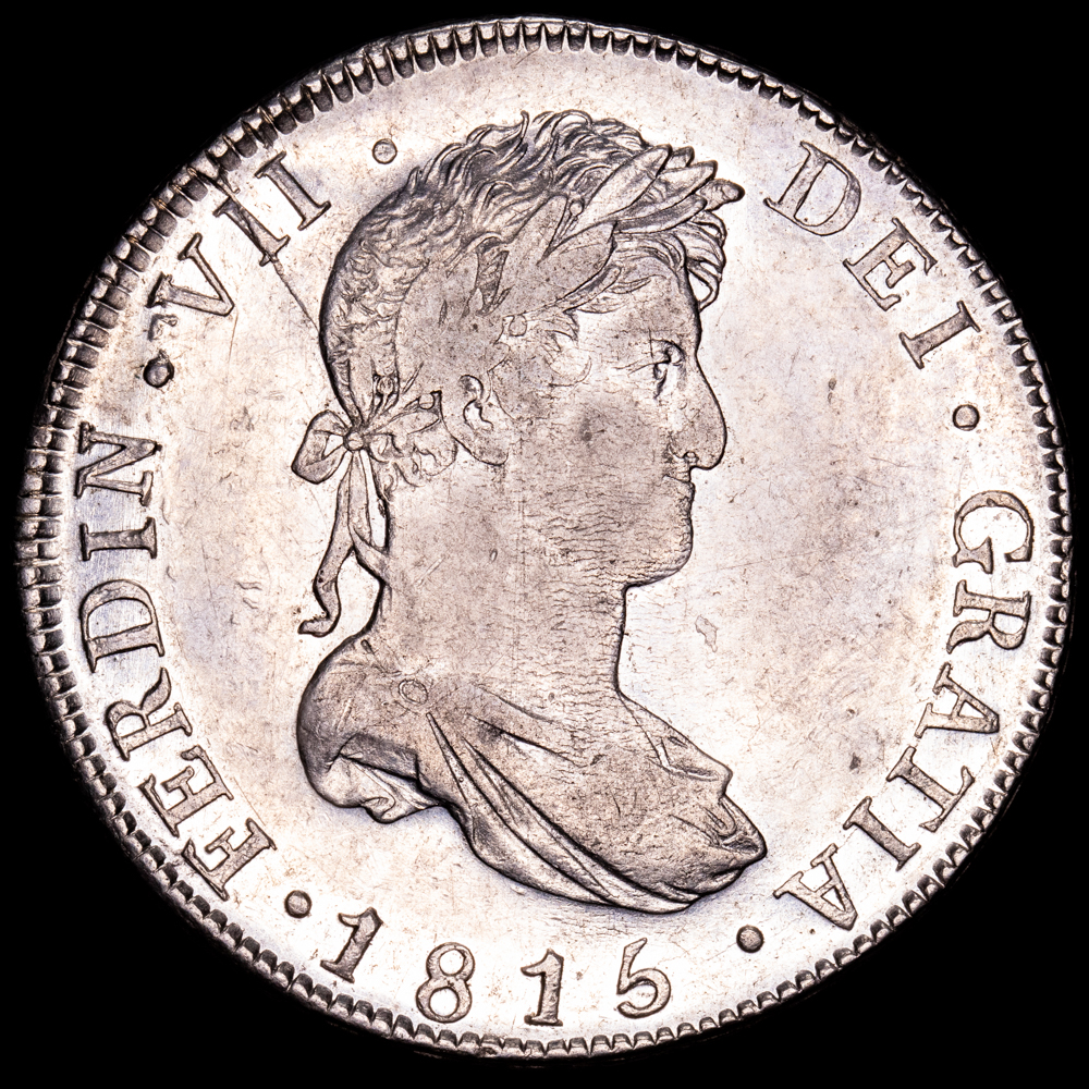 Fernando VII. 8 Reales. (26,92 g.). Nueva Guatemala. 1815. Ensayador M. AC-1228. EBC-. Restos de brillo original. Rayas de ajuste en reverso.