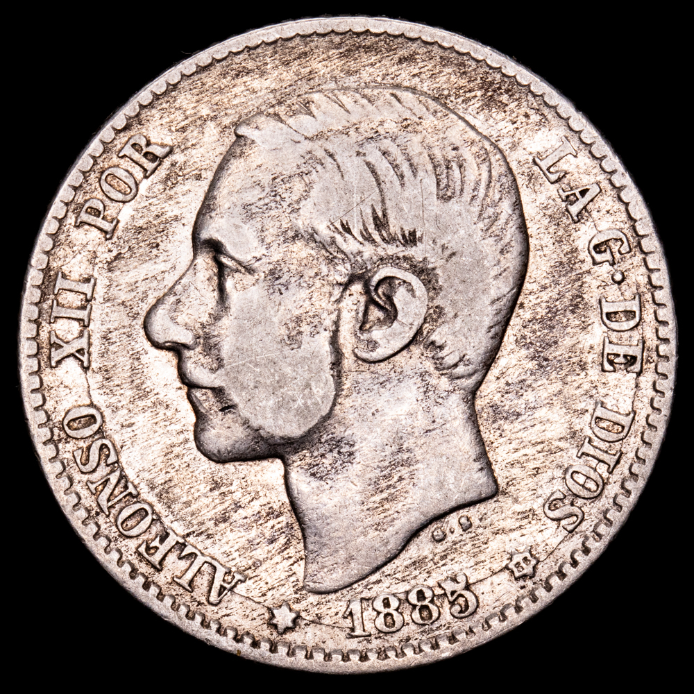Alfonso XII. 1 Peseta . (4,91 g.). Madrid. 1885 *18-86*. Ensayador MS·M. CAL-25. MBC-. Escasa.