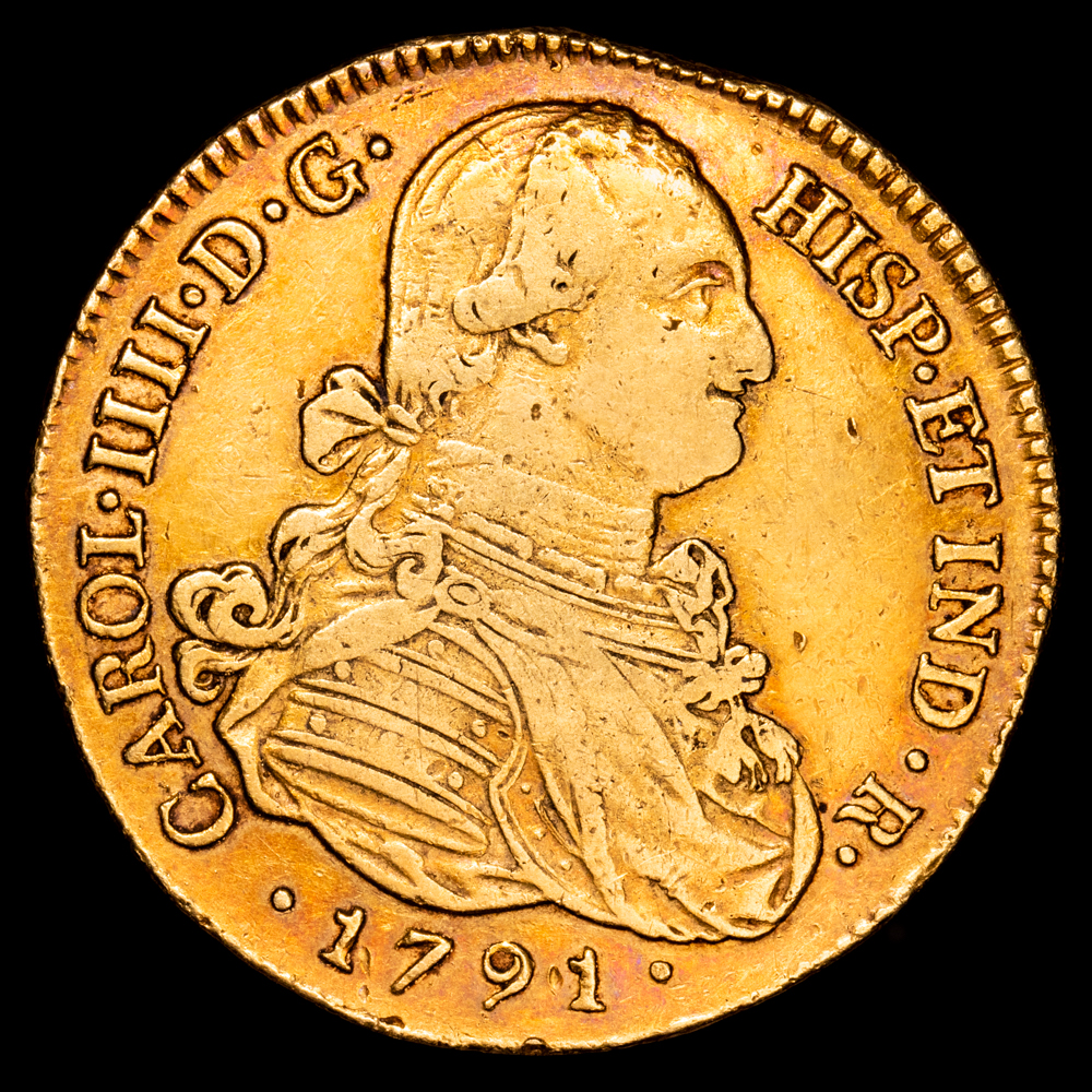 Carlos IV. 8 Escudos. (26,87 g.). Popayán. 1791. Ensayador S·F. AC-1661. MBC+. Canto parcialmente perdido