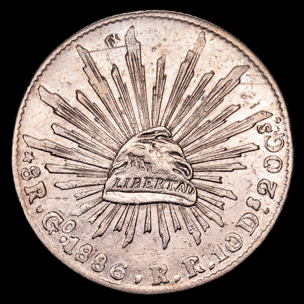 República de México. 8 Reales. (26,87 g.). Guanajuato. 1886. Ensayador R·R. KM-377.8. MBC+.