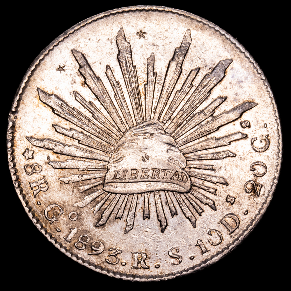 República de México. 8 Reales. (27,1 g.). Guanajuato. 1893. Ensayador R·S. KM-377.8. MBC+.
