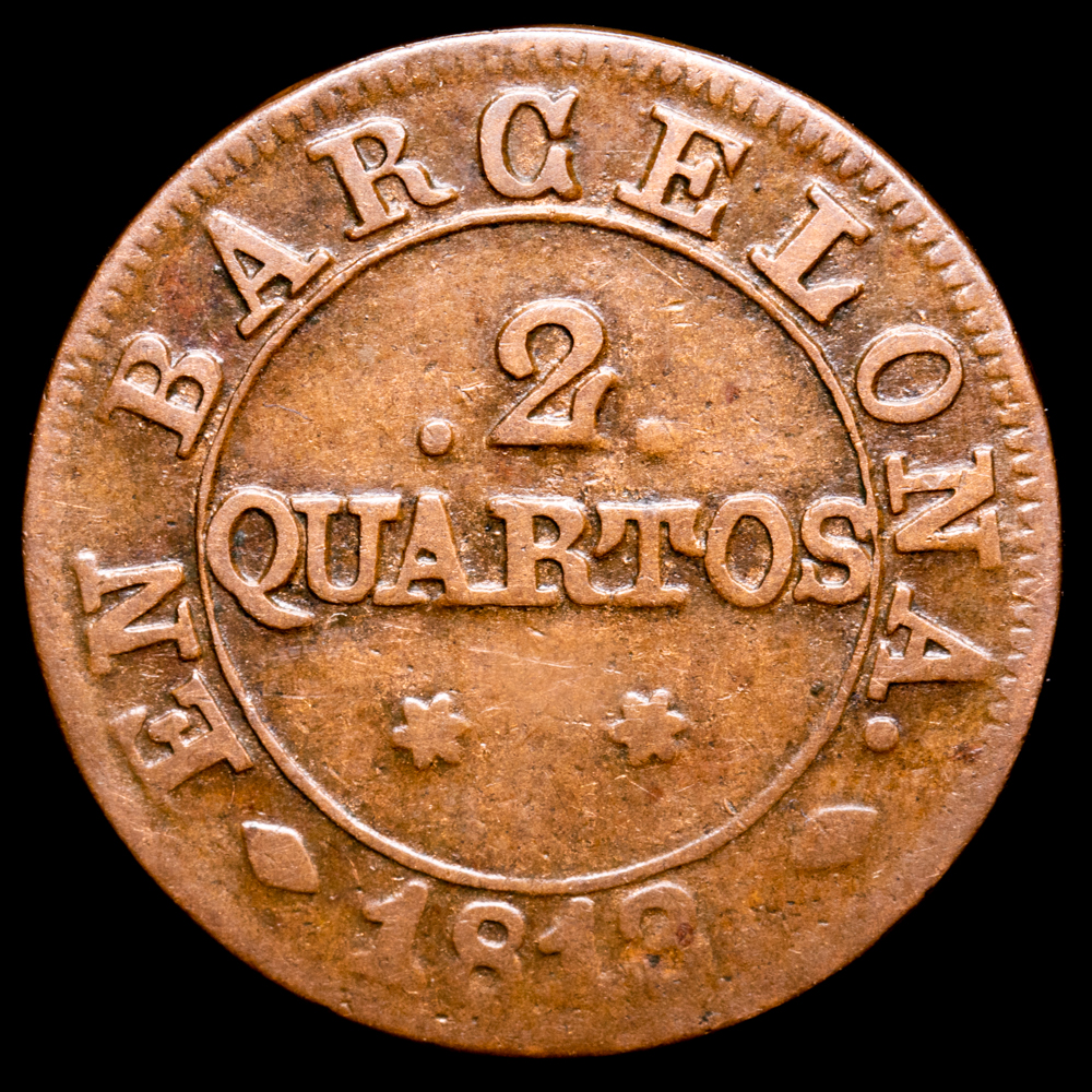 Ocupación Napoleonica Catalunya. 2 Quartos. (3,98 g.). Barcelona. 1813. AC-12. MBC+.
