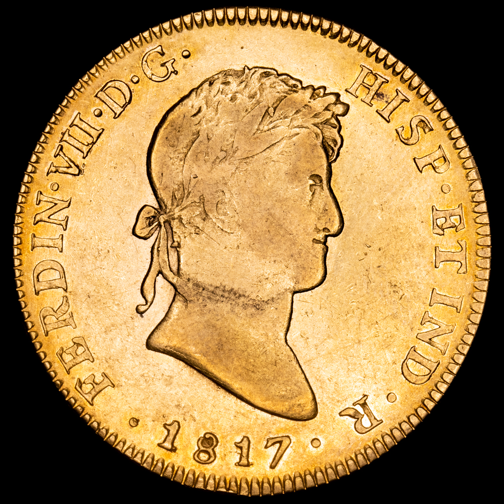 Fernando VII. 8 Escudos. (27,05 g.). Mexico. 1817. Ensayador J·J. AC-1795. MBC+. Restos de brillo original