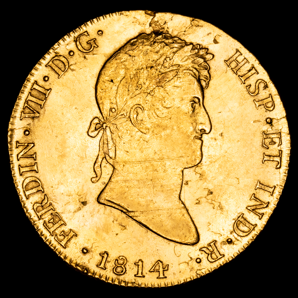 Fernando VII. 8 Escudos. (26,97 g.). Lima. 1814. Ensayador J·P. AC-1761. EBC-. Primer año de busto laureado