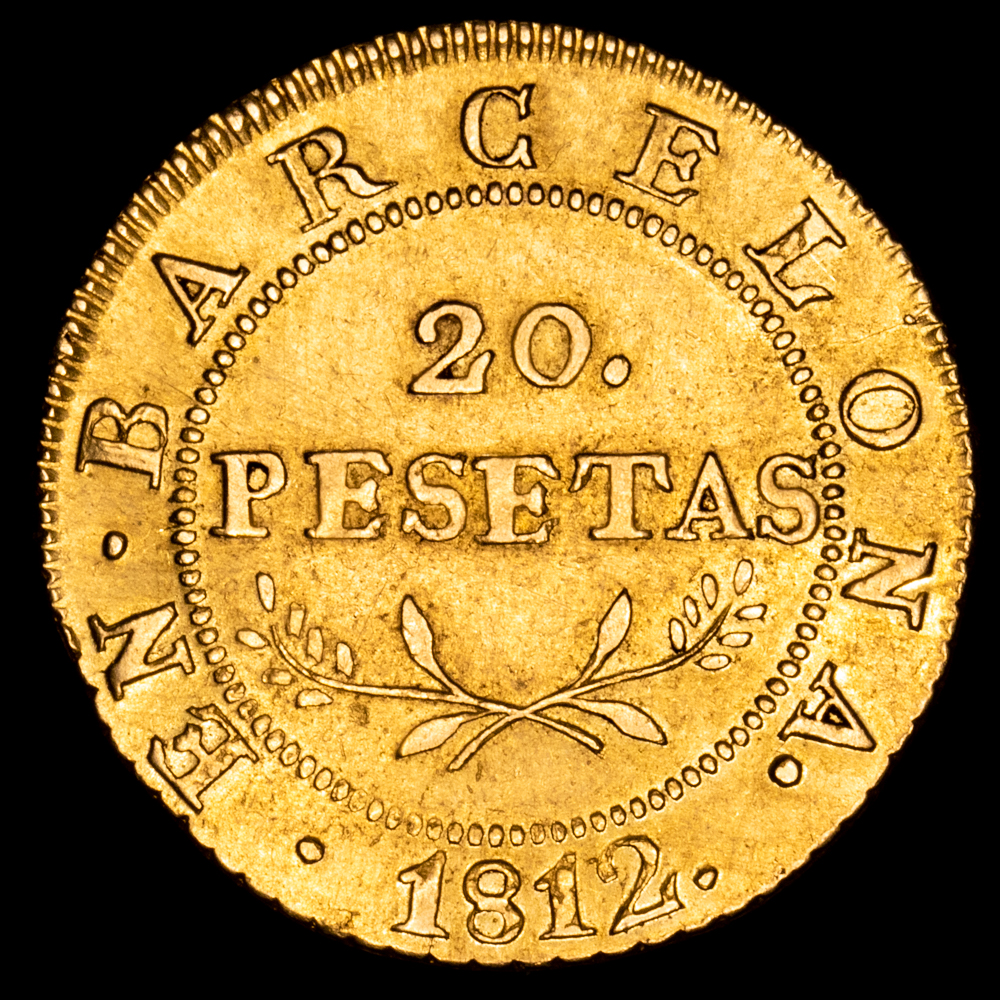 Cataluña Napoleónica. 20 Pesetas. (6,72 g.). Barcelona. 1812. AC-54. EBC. Escasa