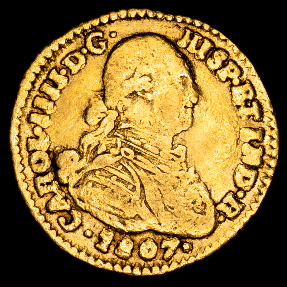 Carlos IV. 1 Escudo. (3,3 g.). Nuevo Reino. 1807. Ensyador J·J. AC-1222. MBC. Rara, pocos ejemplares conocidos