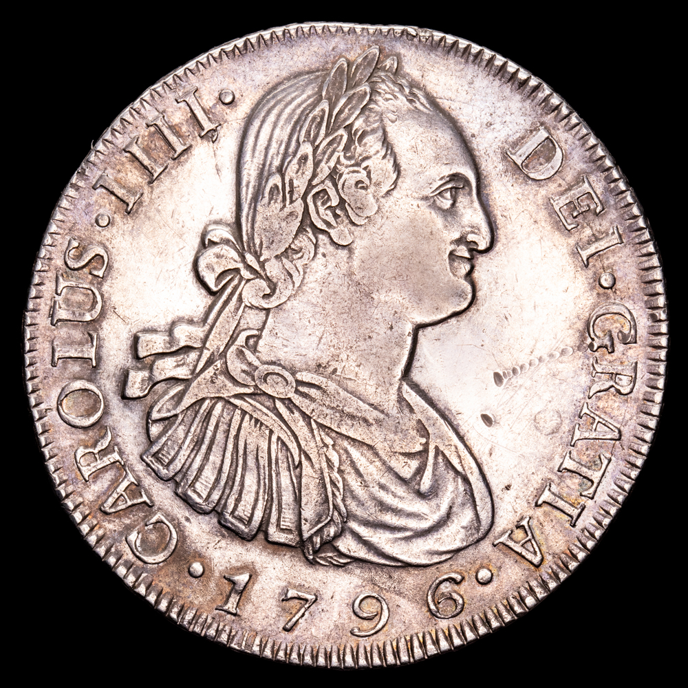 Carlos IV. 8 Reales. (26,99 g.). Nuevo Guatemala. 1796. Ensayador M. AC-888. MBC+. Escasa
