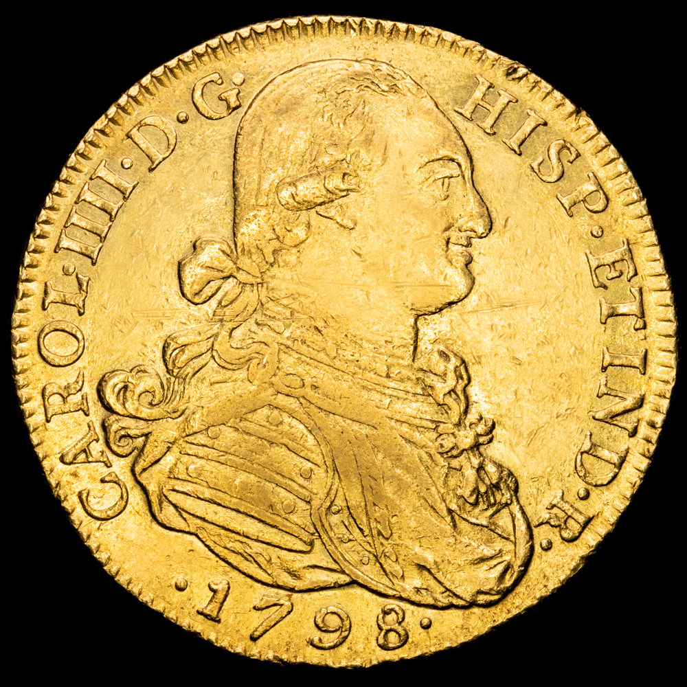 Carlos IV. 8 Escudos. (27,02 g.). Nuevo Reino. 1798. Ensayador J·J. AC-1731. VF+. Restos de brillo original. Escasa.