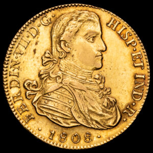 Fernando VII. 8 Escudos. (27,03 g.). México. 1808. Ensayador T·H. AC-1781. MBC+/EBC-. Busto imaginario. Escasa.
