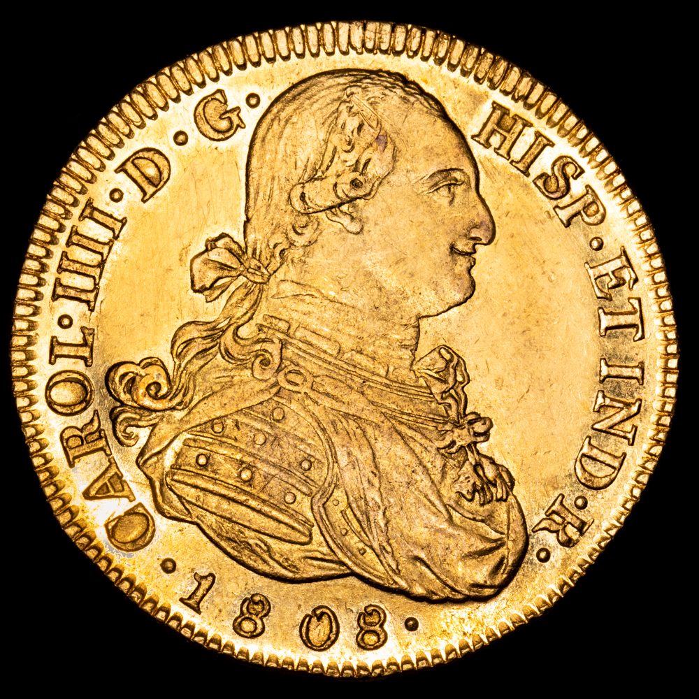 Carlos IV. 8 Escudos. (27,04 g.). Popayán. 1808. Ensayador J·F. AC-1802. SC. Brillo original. Muy bella pieza.