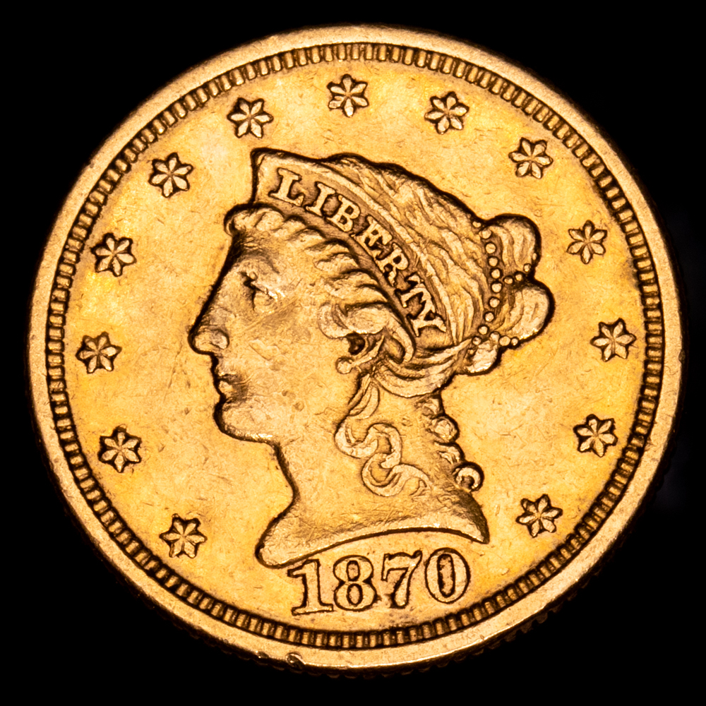 Estados Unidos. 2 1/2 Dolar. (4,17 g.). 1870. XF. Restos de brillo original. Acuñación 4520 unidades.