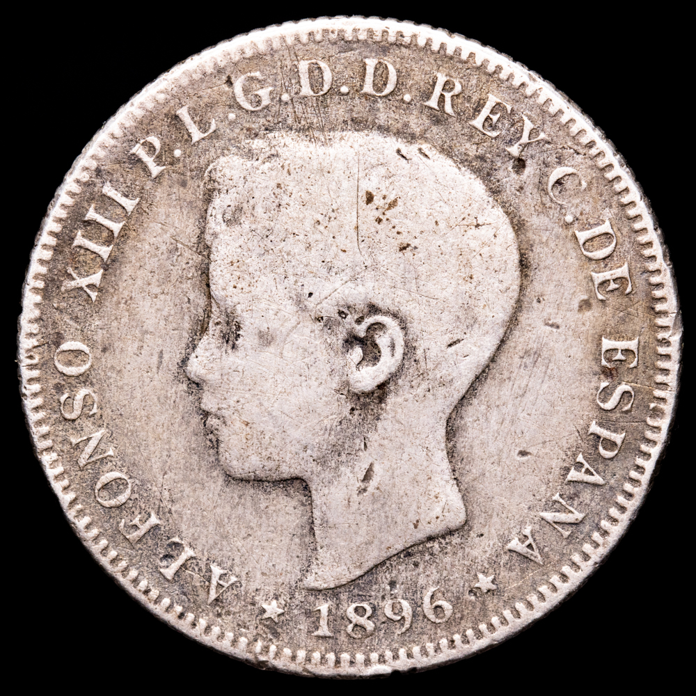 Alfonso XIII. 40 céntimos. (9,85 g.). Puerto Rico. 1895. Ensayador PG·V. AC-127. BC+/MBC-. Rara.
