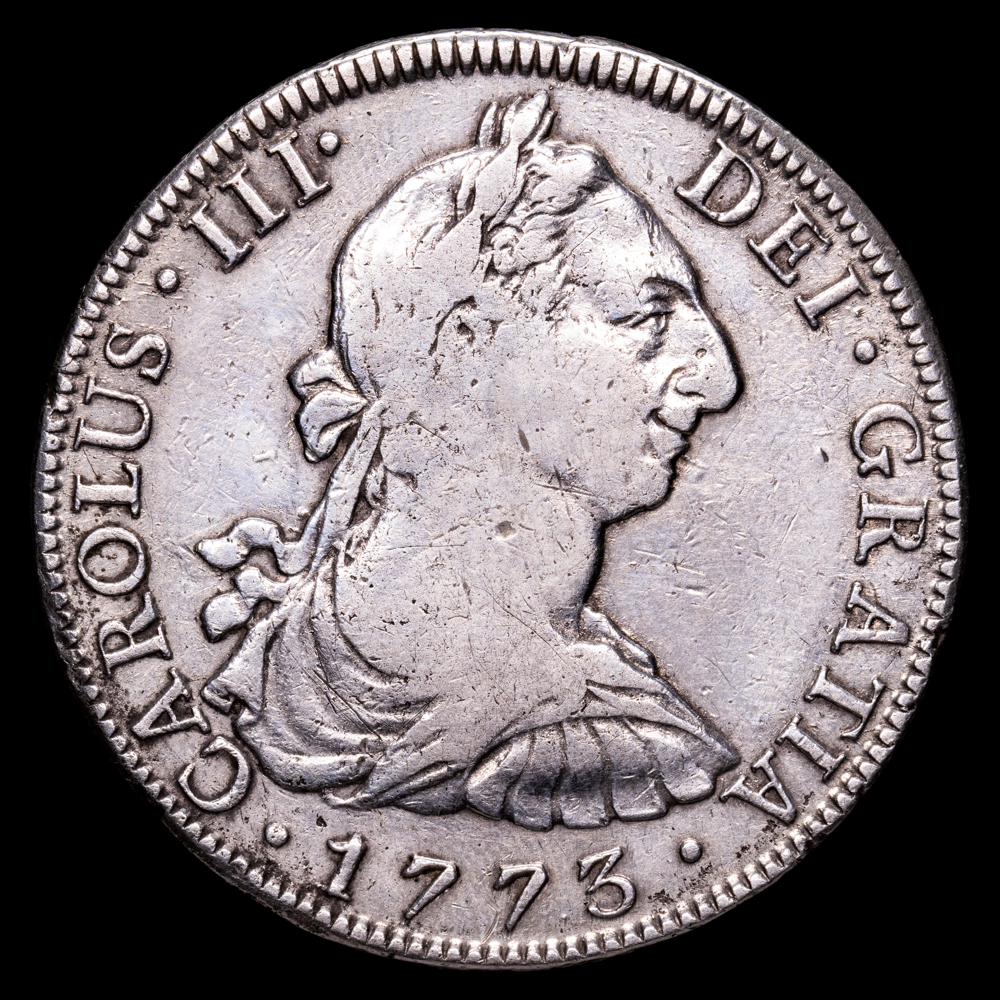 Carlos III. 8 Reales. (26,88 g.). México. 1773. Ensayador F·M. AC-1106. MBC. Escasa. Limpiada.
