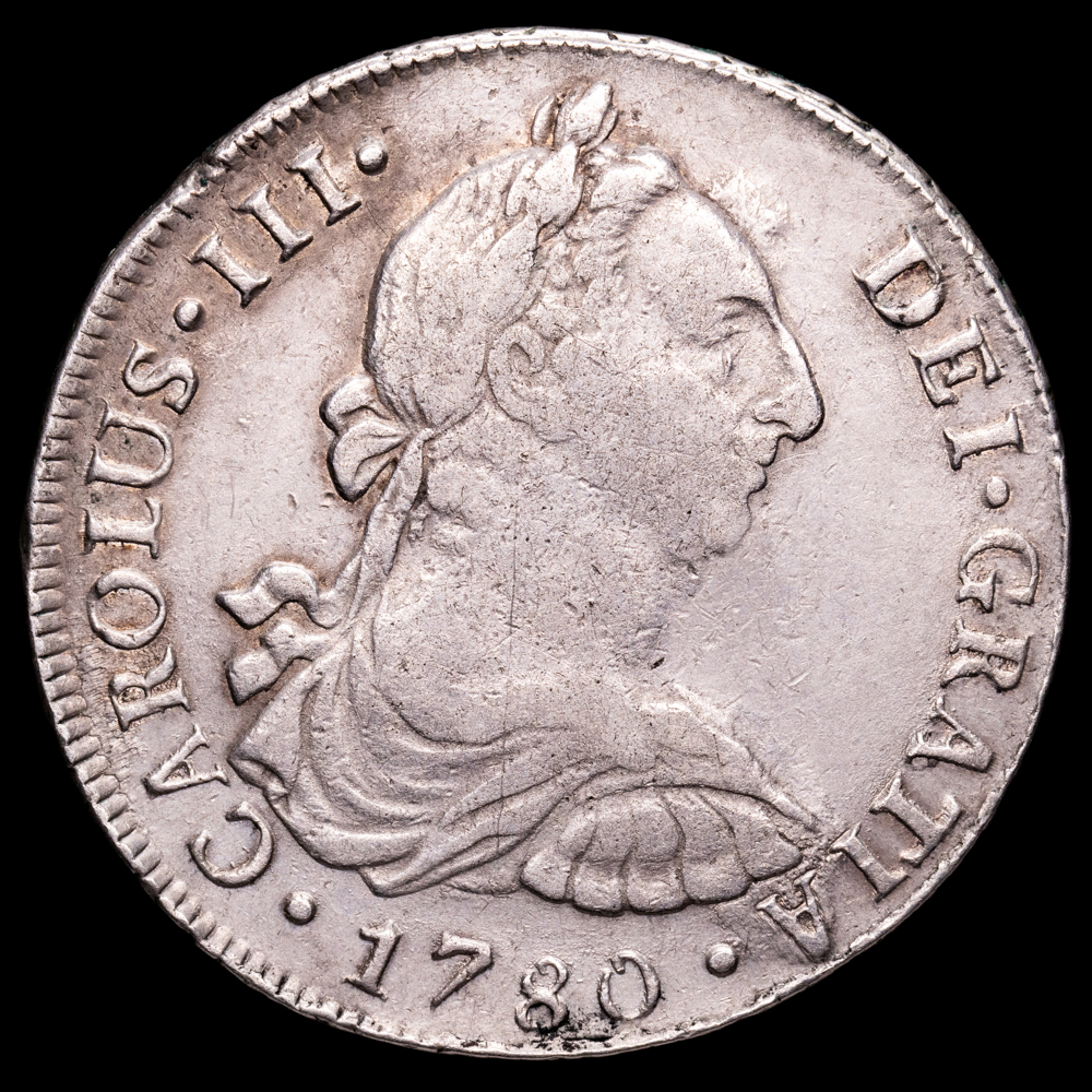 Carlos III. 8 Reales. (26,79 g.). Lima. 1780. Ensayador M·J. AC-1046. MBC-/MBC. Escasa