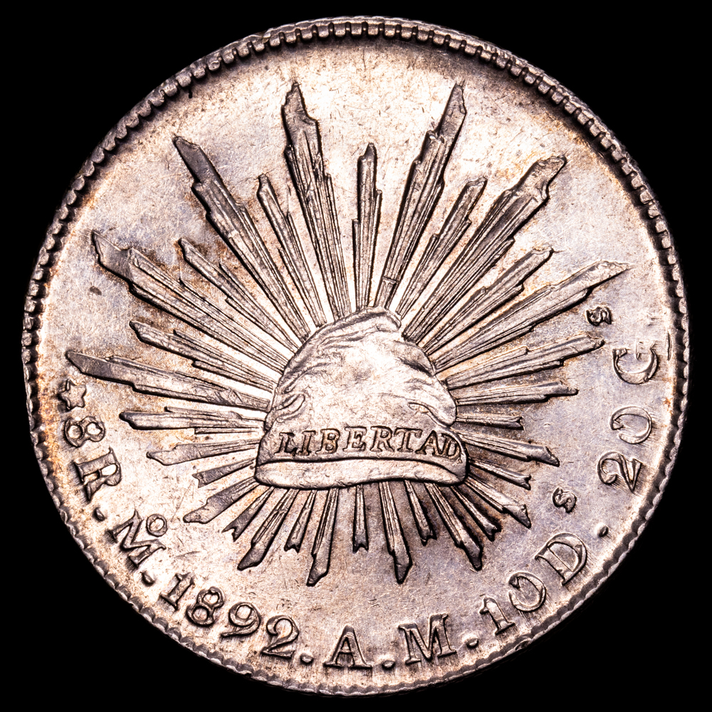 República de México. 8 Reales. (27,21 g.). México. 1892. Ensayador A·M. KM-377.10. UNC-. Excelente condición.