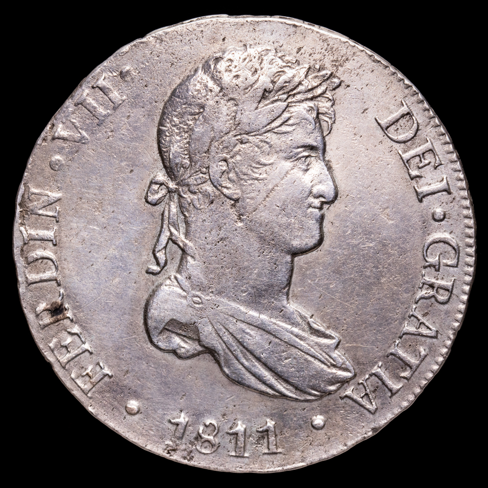 Fernando VII. 8 Reales. (26,37 g.). Lima. 1811. Ensayador J·P. AC-1243. MBC. Escasa. Primer año de busto propio