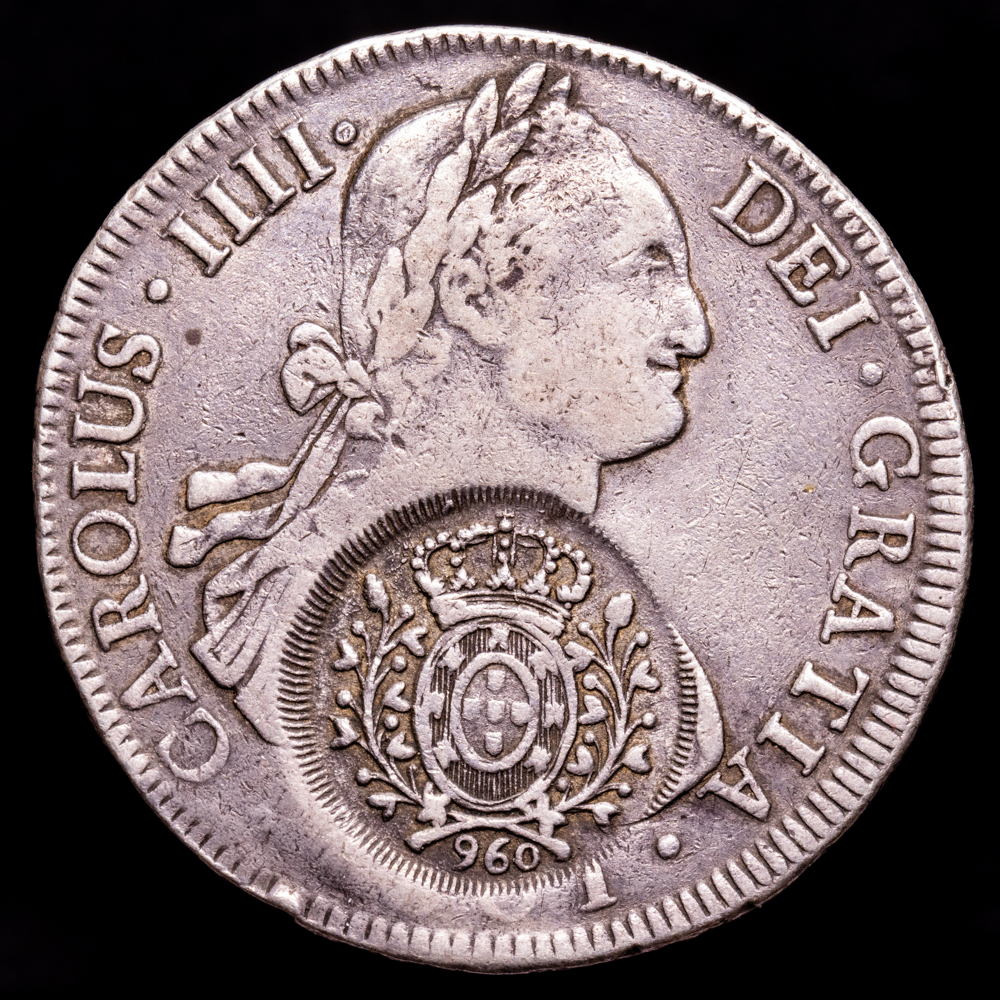 Carlos IV. 8 Reales. (26,74 g.). Potosí. 1801. Ensayador P·P. KM-251/Gomes-115.2. MBC+. Escasa. Resello 960 Reis.