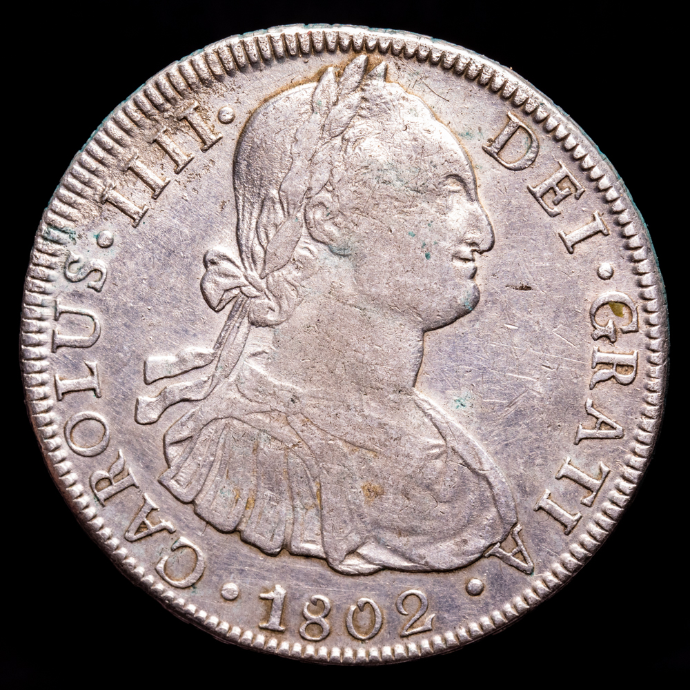 Carlos IV. 8 Reales. (26,75 g.). Potosí. 1802. Ensayador P·P. AC-1006. MBC. Oxidaciones en reverso.