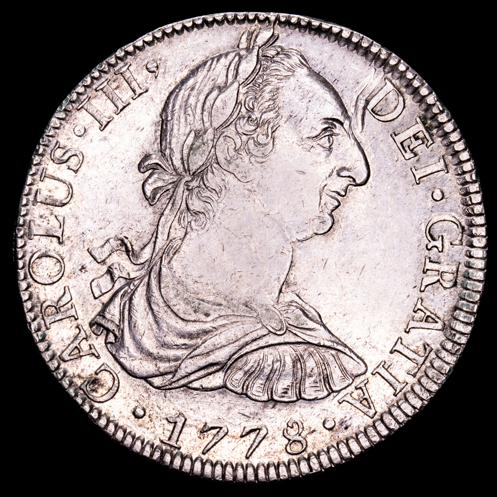 Carlos III. 8 Reales. (26,95 g.). México. 1778. Ensayador F·F. AC-1117. EBC. Restos de brillo original. Resellos chinos.