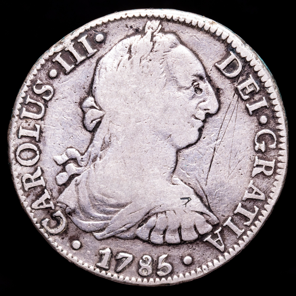 Carlos III. 8 Reales. (26,44 g.). México. 1785. Ensayador F·M. AC-1129. MBC-.