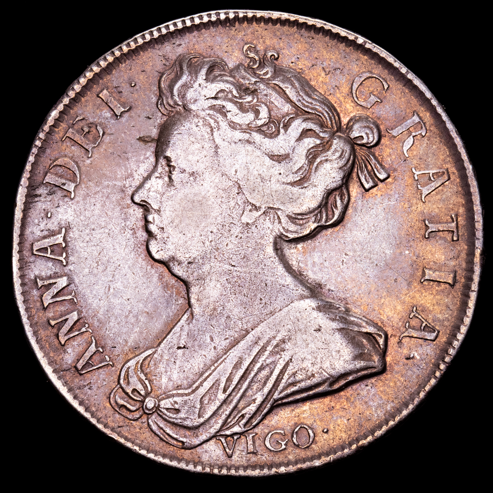 Gran Bretaña – Anna. 1/2 Crown. (14,87 g.). Vigo. 1703. KM-518.2. MBC. Acuñación de plata tomada a los españoles en la bahía de Vigo.