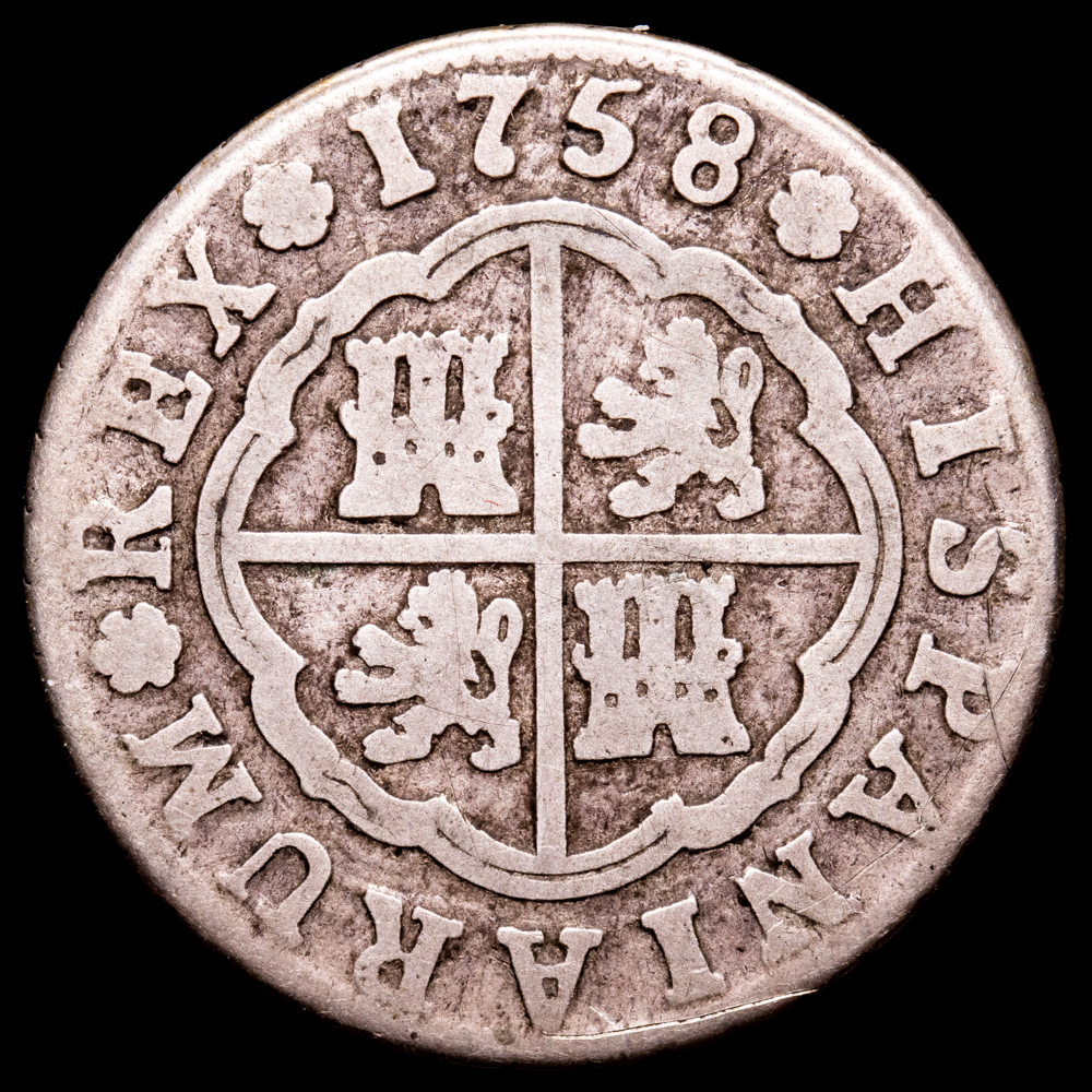 Fernando VI. 2 Reales. (5,37 g.). Sevilla. 1758. Ensayador J·V. AC-343. MBC-.