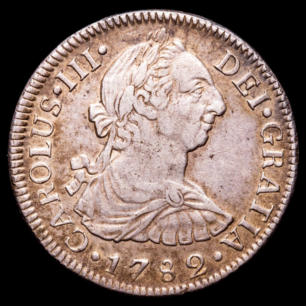 Carlos III. 2 Reales. (6,68 g.). México. 1782. Ensayador F·F. AC-672. EBC-/EBC. Escasa así de bonita. Preciosa pátina.