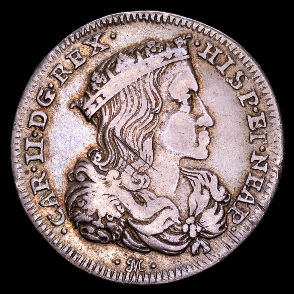 Italia – Carlos II. 1 Tari. (4,25 g.). Nápoles. 1691. Ensayador AG/A. VTI-174. MBC. Rayas de ajuste.