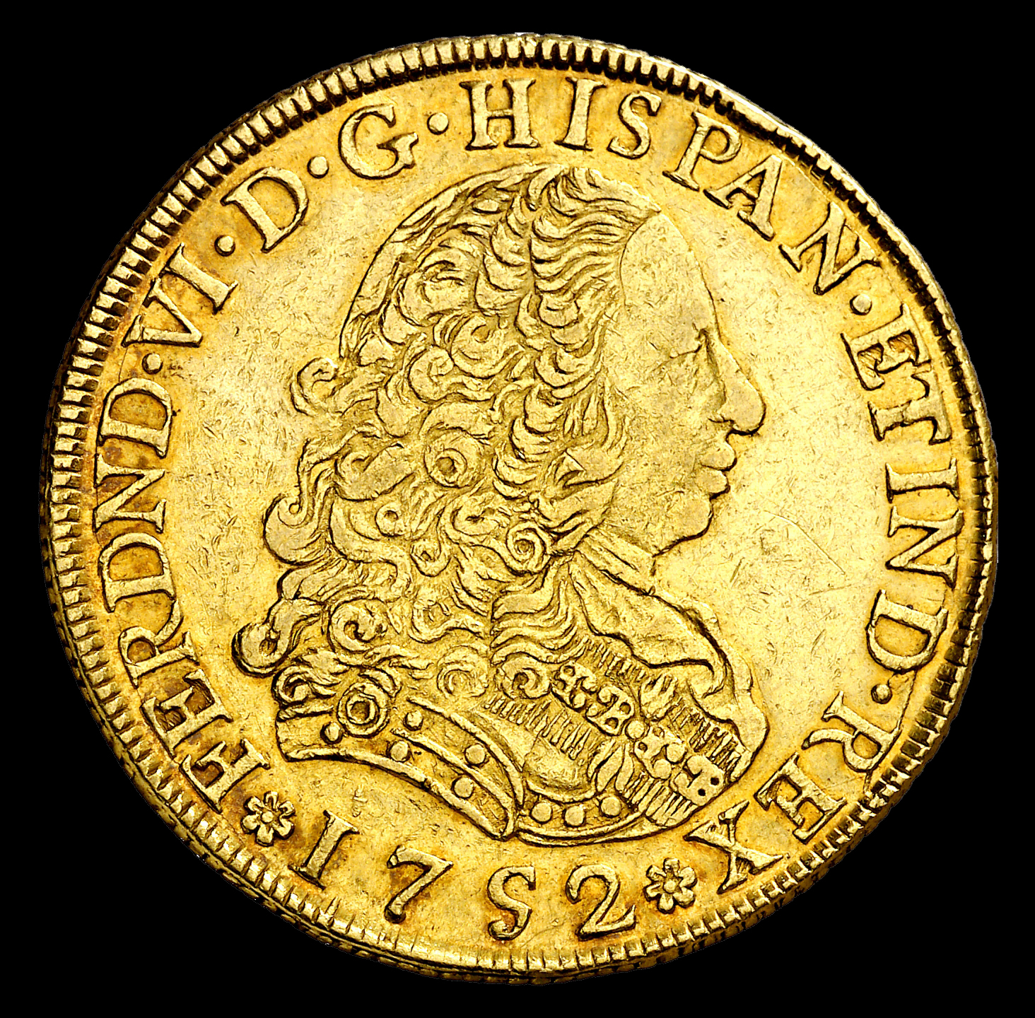 Fernando VI. 8 Escudos (26,83 g.). Lima, 1752. Ensayador J. AC-765. EBC-. Muy escasa. Precioso color.