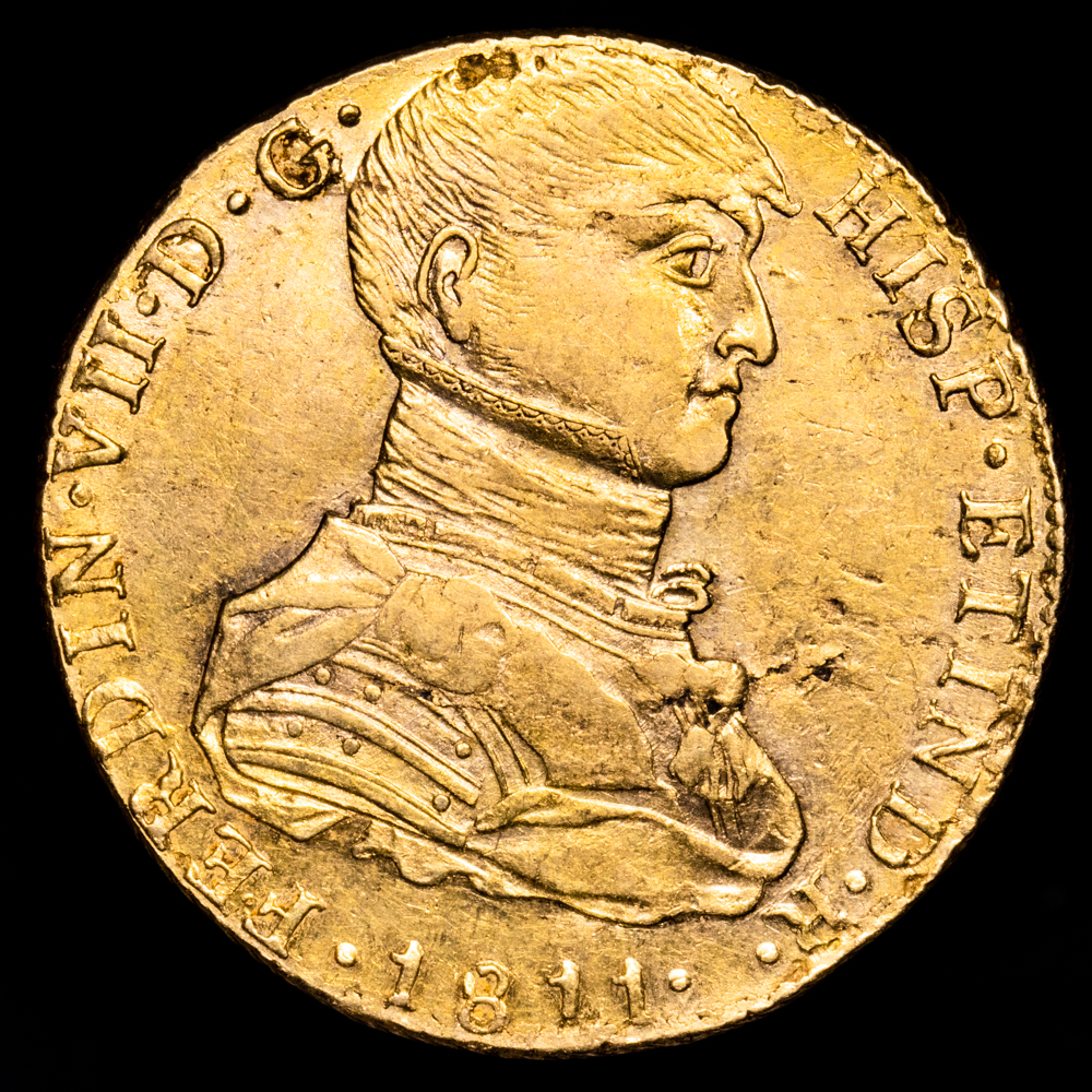 Fernando VII. 8 Escudos. (27,04 g.). Lima. 1811. Ensayador J·P. AC-1756. MBC+/EBC. Escasa. R.B.O.