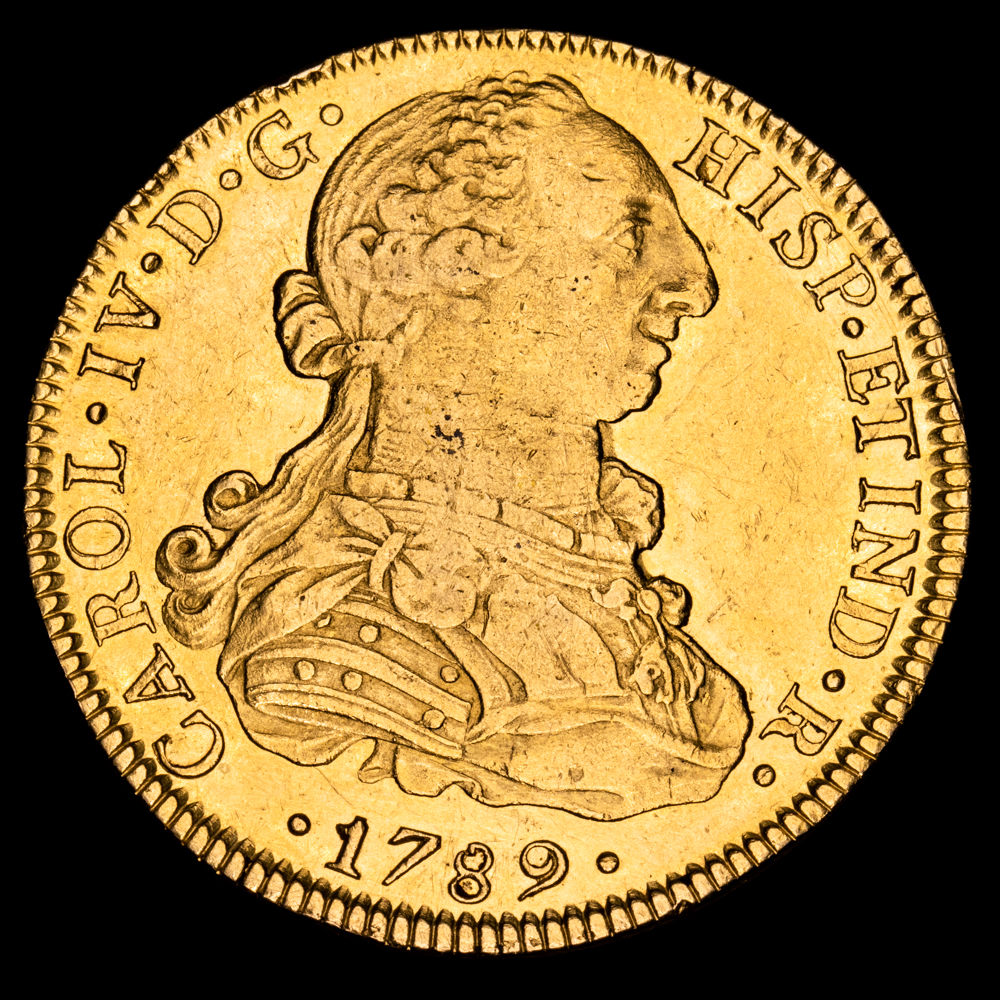 Carlos IV. 8 Escudos. (27,03 g.). México. 1789. Ensayador F·M. AC-1627. EBC-. Escasa. Bustos de Carlos III ordinal de Carlos IV