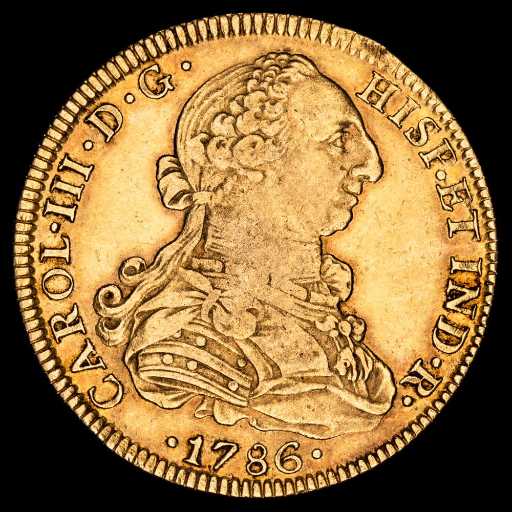 Carlos III. 8 Escudos. (27,05 g.). México. 1786. Ensayador F·M. AC-2021. MBC+. Pátina rojiza.