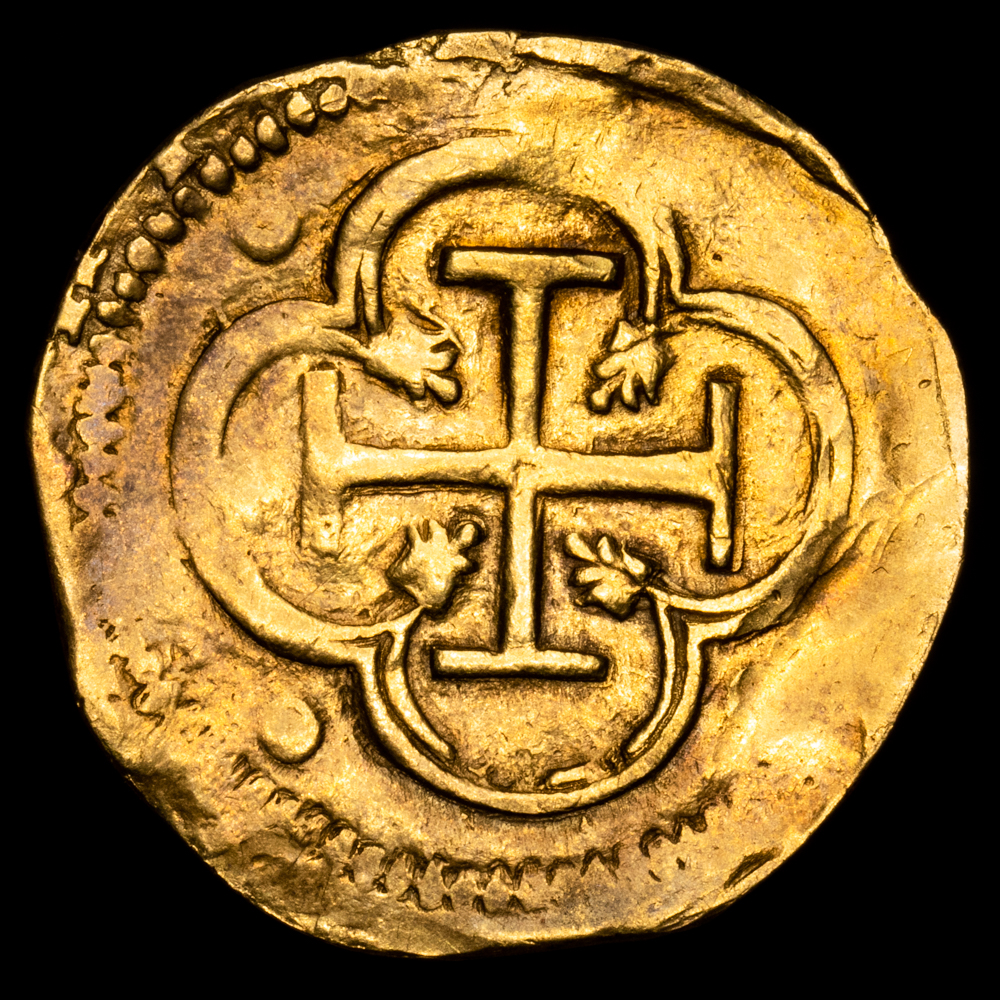 Felipe II. 2 Escudos. (6,68 g.). Toledo. S/F. Ensayador M. AC-866. MBC+. Rara. (o) sobre “T” a izquierda