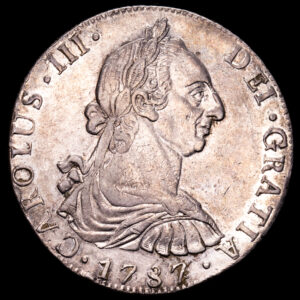 Carlos III. 8 Reales. (27,06 g.). Nueva Guatemala. 1787. Ensayador M. AC-1018. EBC. Restos de brillo original. Muy bella y rara.