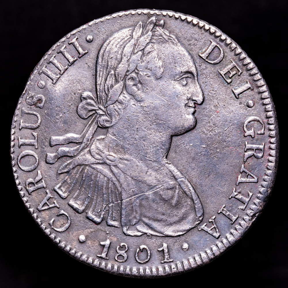 Carlos IV. 8 Reales. (26,86 g.). México. 1801. Ensayador F·M. AC-953. MBC+. Pátina oscura.