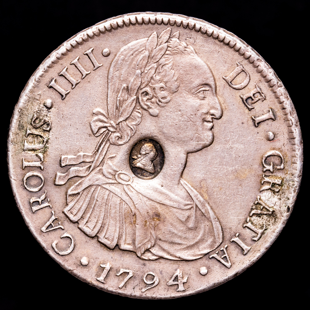 Carlos IV. 8 Reales. (27,21 g.). Lima. 1794. Ensayador I·J. DEMEY-659. VF+. Resello de Jorge III como 4…