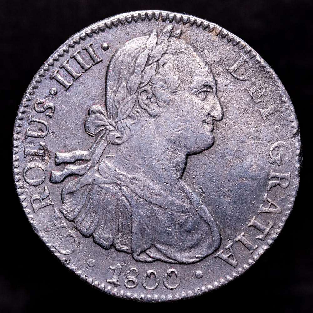 Carlos IV. 8 Reales. (26,75 g.). México. 1800. Ensayador F·M. AC-965. MBC+. Pátina oscura.