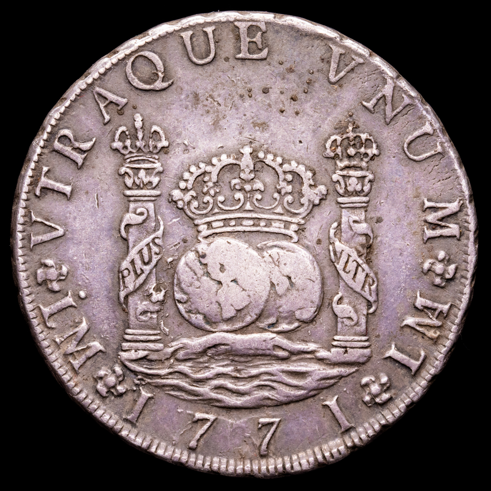 Carlos III. 8 Reales. (26,79 g.). Lima. 1771. Ensayador J·M. AC-1032. MBC+. Pátina oscura.