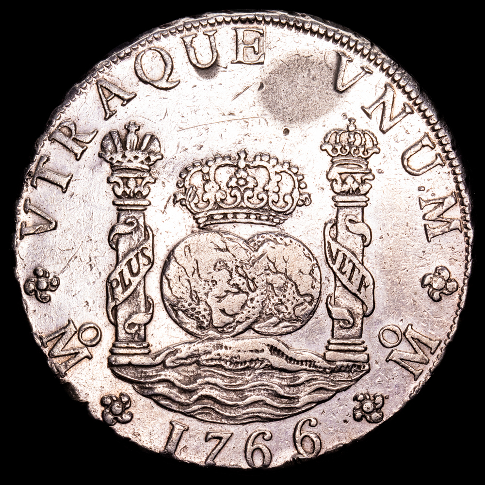 Carlos III. 8 Reales. (26,97 g.). México. 1766. Ensayador M·F. AC-1090. MBC+. Limpiada.
