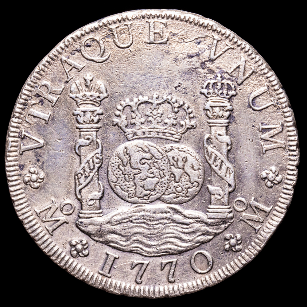 Carlos III. 8 Reales. (26,47 g.). México. 1770. Ensayador M·F. AC-1101. EBC-. Pequeñas oxidaciones limpiadas a las 8h