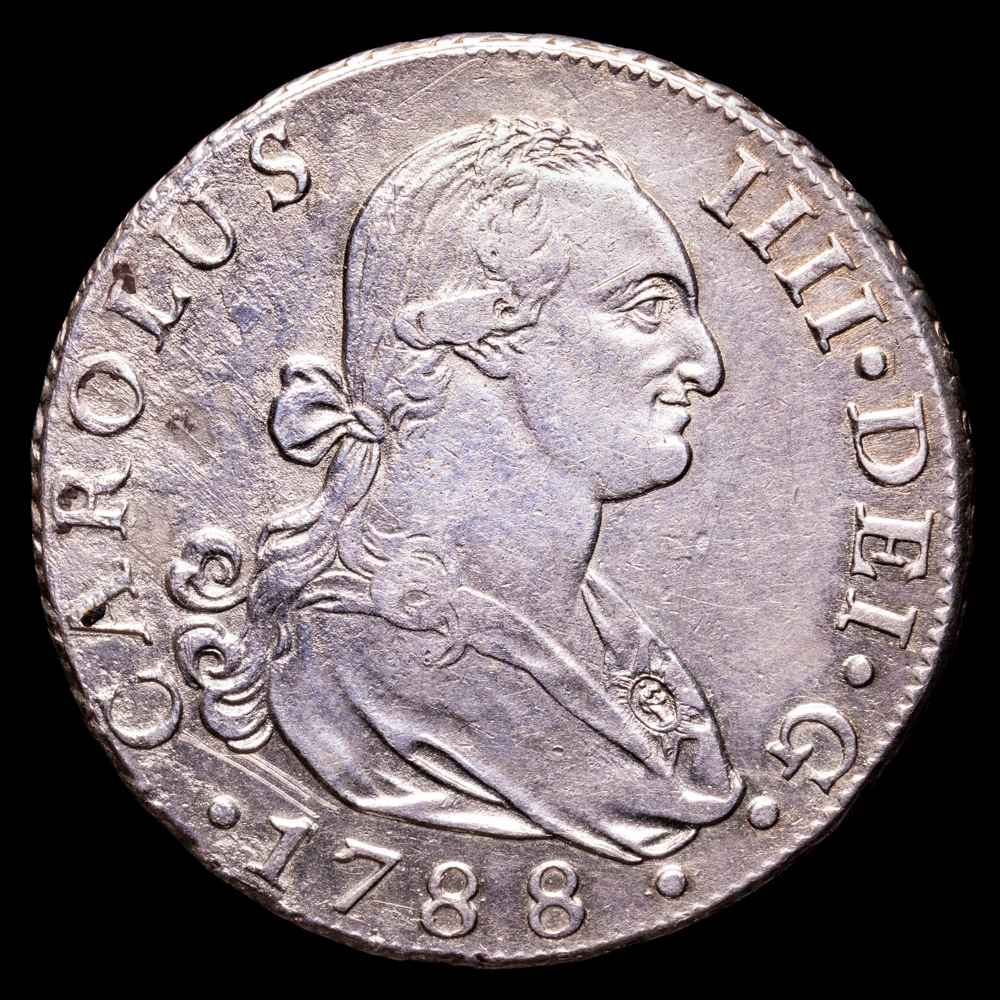Carlos IV. 8 Reales. (26,89 g.). Sevilla. 1788. Ensayador C. AC-1050. MBC+. Oxidación limpiada a la izquierda del busto.