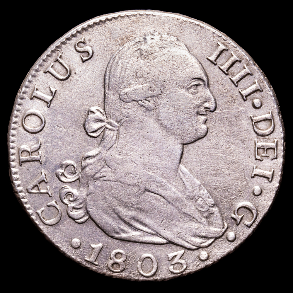 Carlos IV. 8 Reales. (26,79 g.). Sevilla. 1803. Ensayador C·N. AC-1065. MBC+. Escasa. Plata agria.